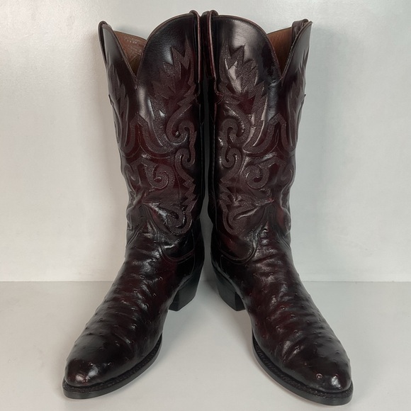 Vintage Lucchese Black Cherry Ostrich Quill Cowboy Boots 9 EE Exotic Recraft - Picture 8 of 16